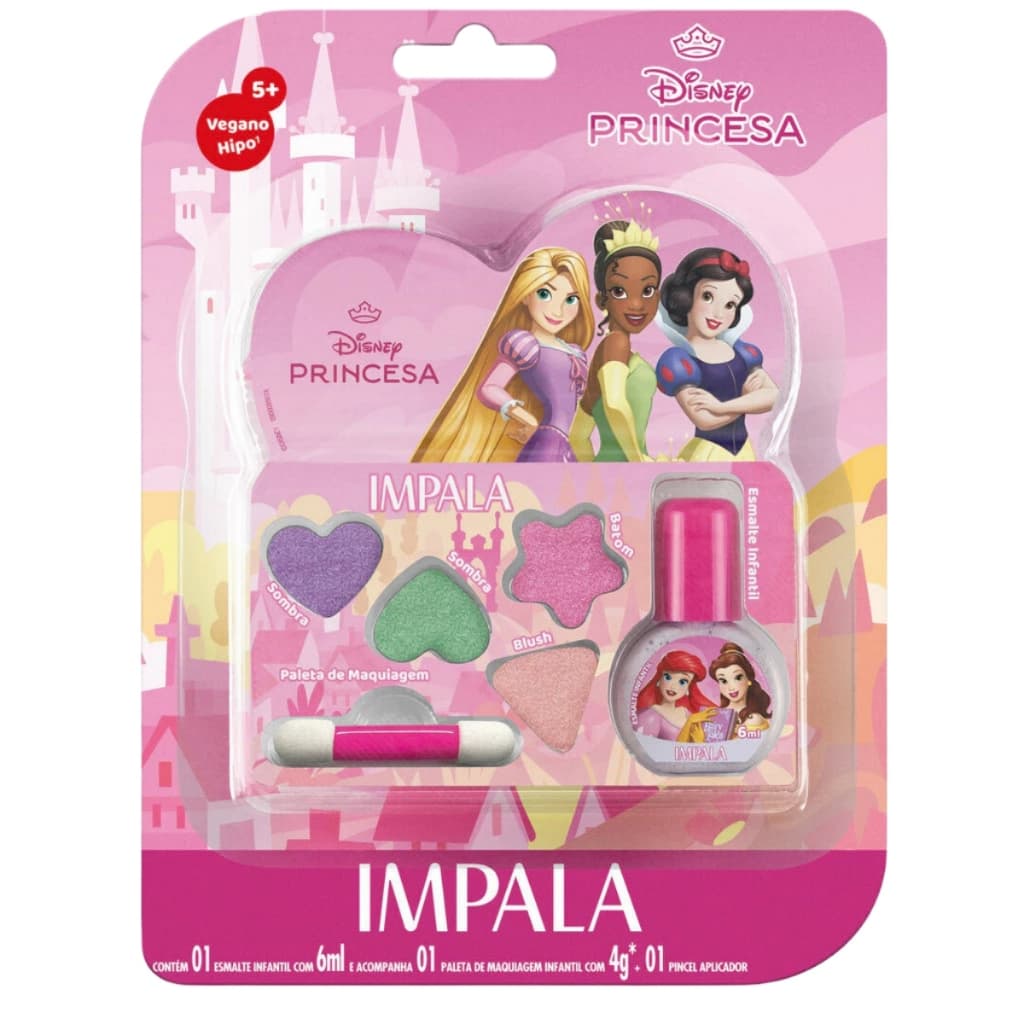 Kit Esmalte e Paleta de Maquiagem Infantil Impala Princesas Disney Rosa Hipoalergênico Menina