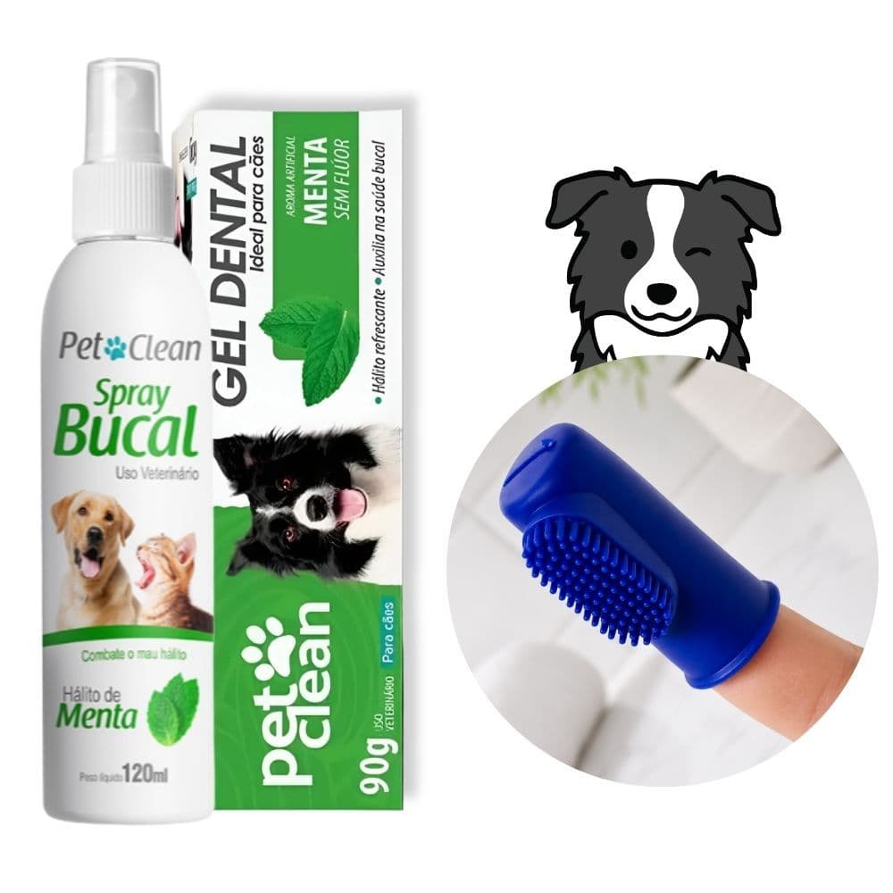Kit Higiene Dental Pet Cachorro e Gato Gel Pasta + Spray Hálito + Dedeira Escova Pet Clean