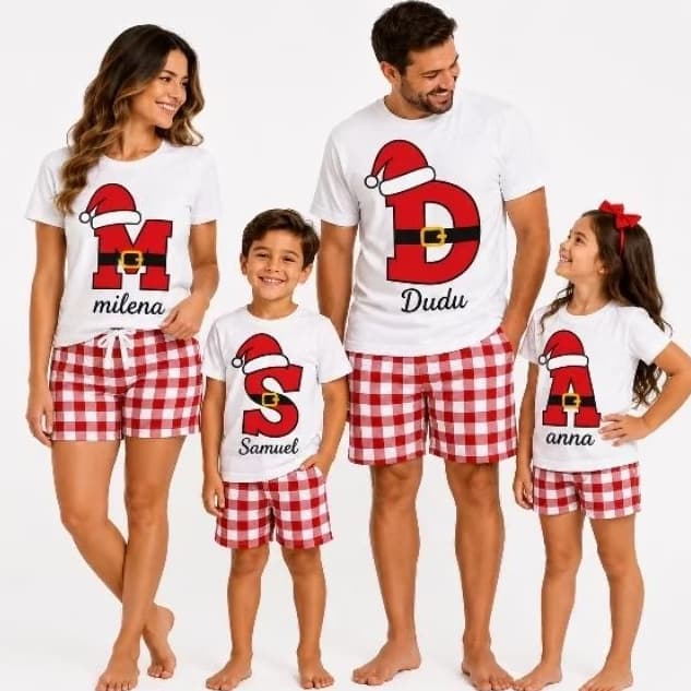 Kit Família Natal Personalizado Camiseta e Short Xadrez Tal Pai Tal Mãe Infantil Adulto