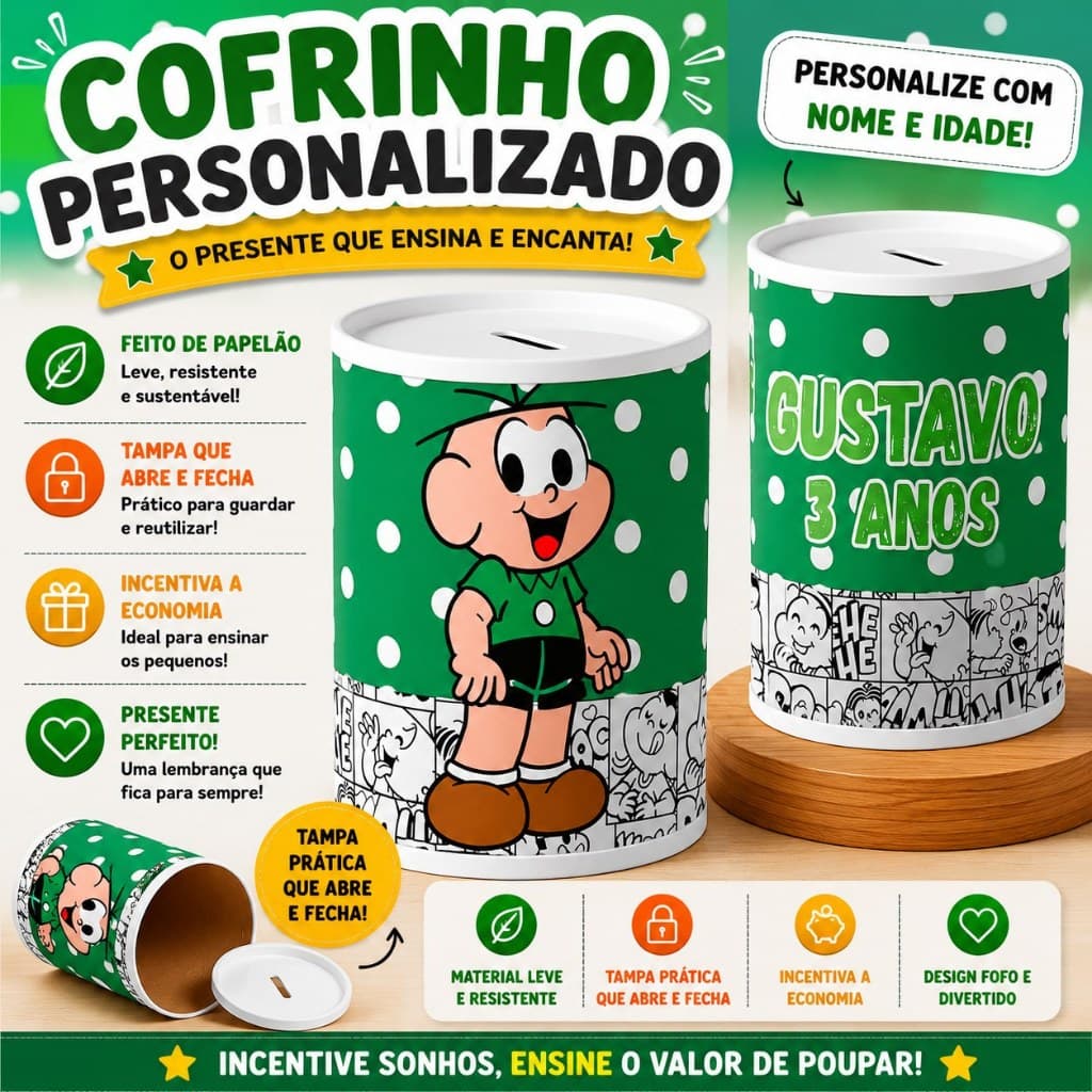 Cofrinho Personalizado Cebolinha | Turma Da Monica | Festa Infantil | Kits 9/12/15/24/30 - Envio Super Rápido