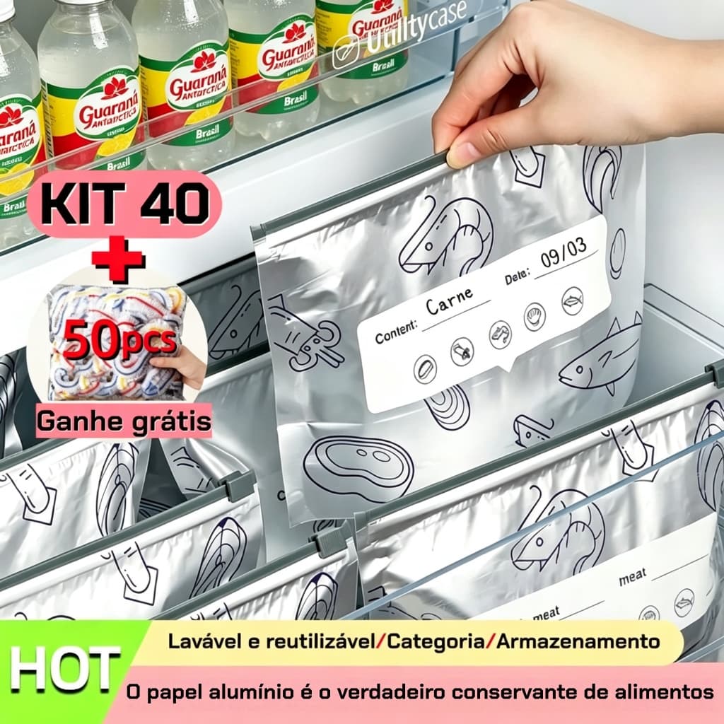Kit 20 + 50 brindes GRÁTIS Saco Hermético de Alumínio Reutilizável Armazenamento de Alimentos para Geladeira Freezer