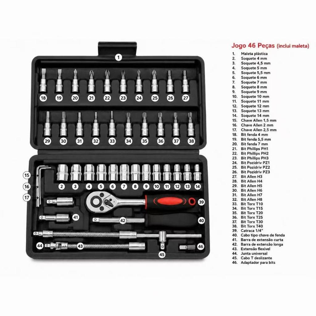 Kit De Ferramentas 46 Peças Soquetes Chave Catraca Reversível Com Maleta Jogo De Ferramentas Completo