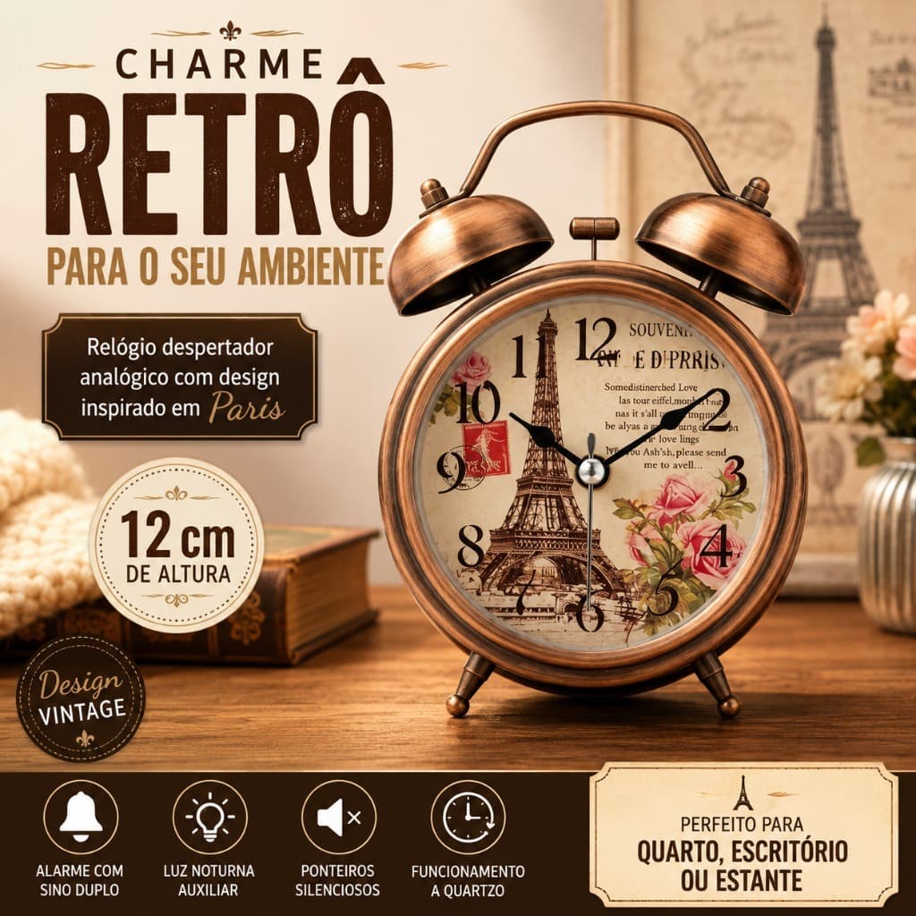 Relógio Despertador Analógico Retrô 12cm com Alarme Sino Duplo Luz Noturna Silencioso Vintage Altomex