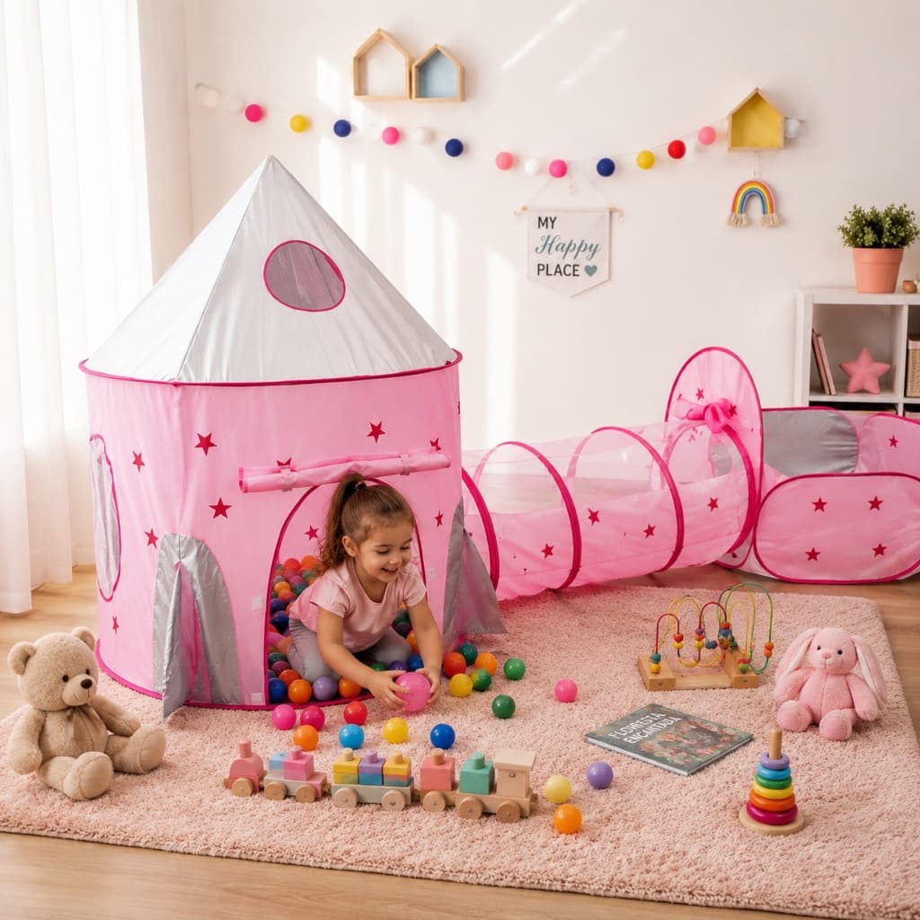 Barraca 3 em 1 Toca Dobravel Casinha Com LEDs Tenda das Princesas Menina e Menino Diversão Total