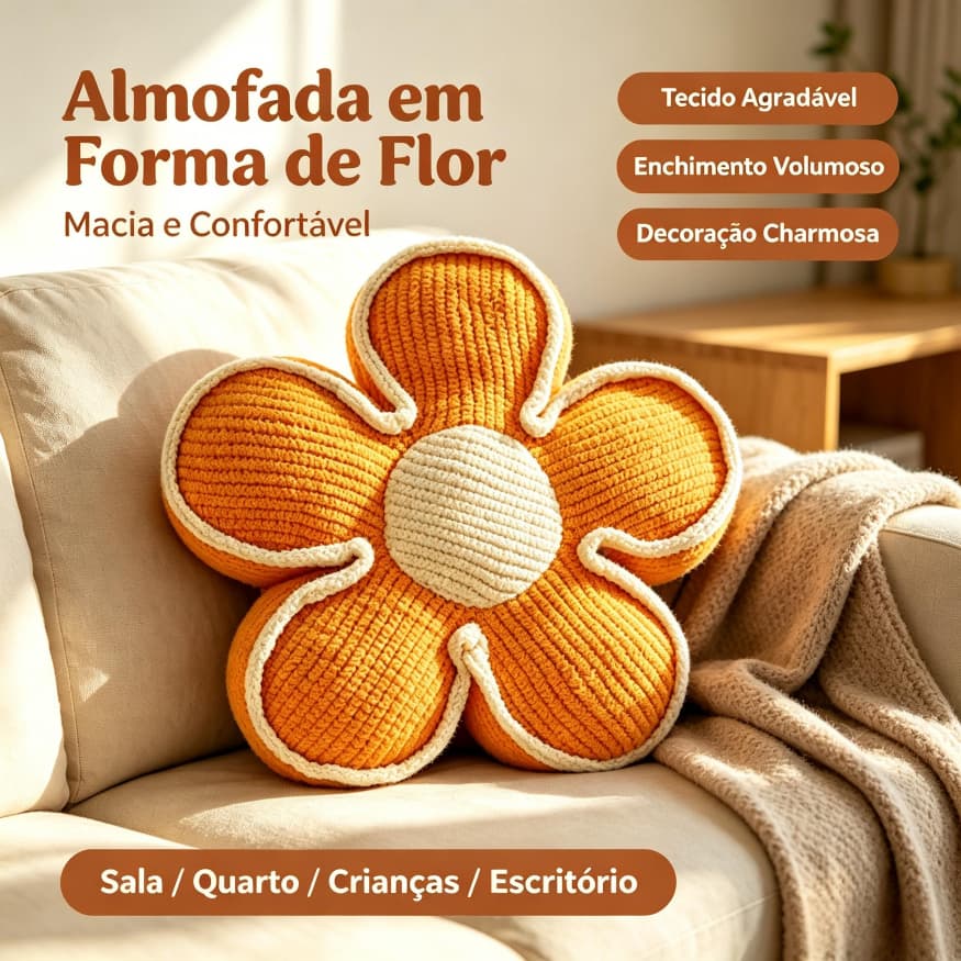 Almofada Flor Macia 50x50cm, Decoração Sofá Cama, Acessório Decorativo Quarto Sala Confortável