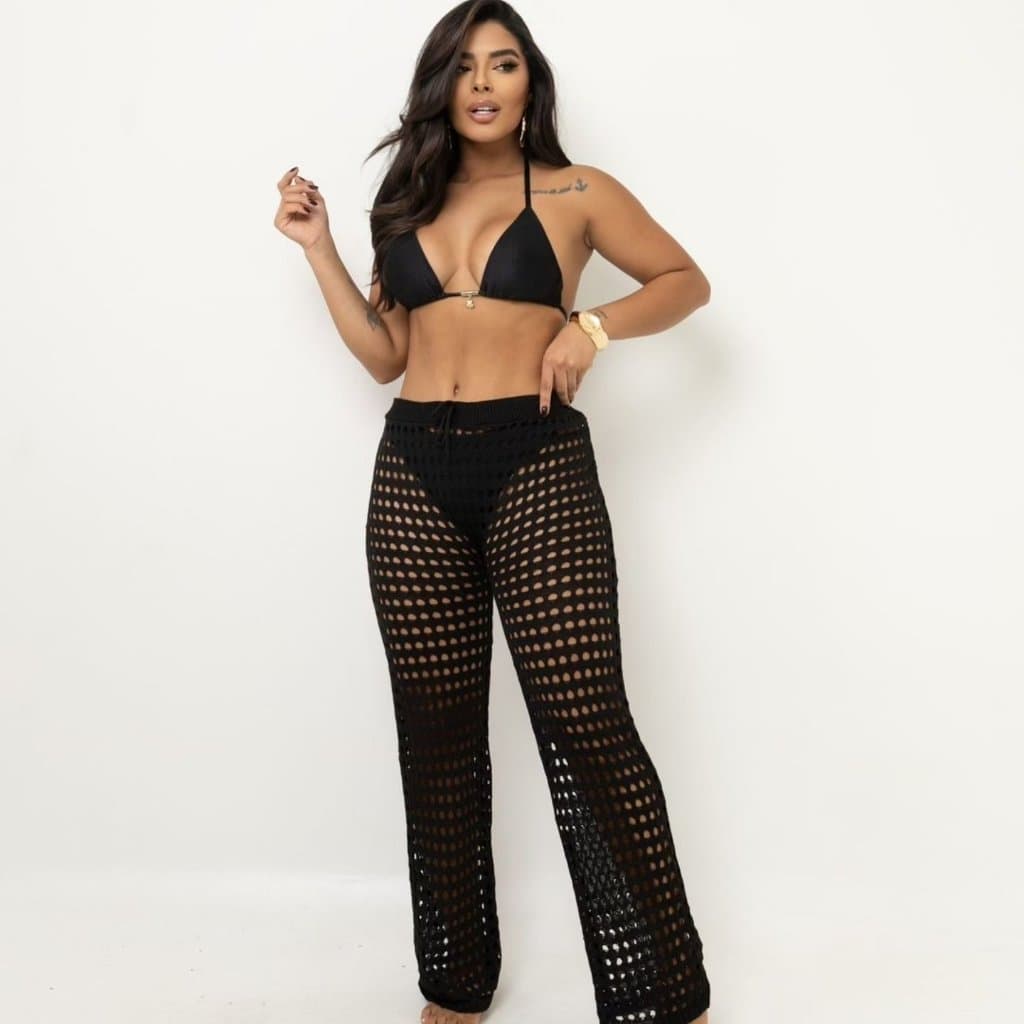 Calça Pantalona Saída de Praia Estilosa Elegante Luxo Chic em Tricô Lançamento Verão Ajuste Cordão