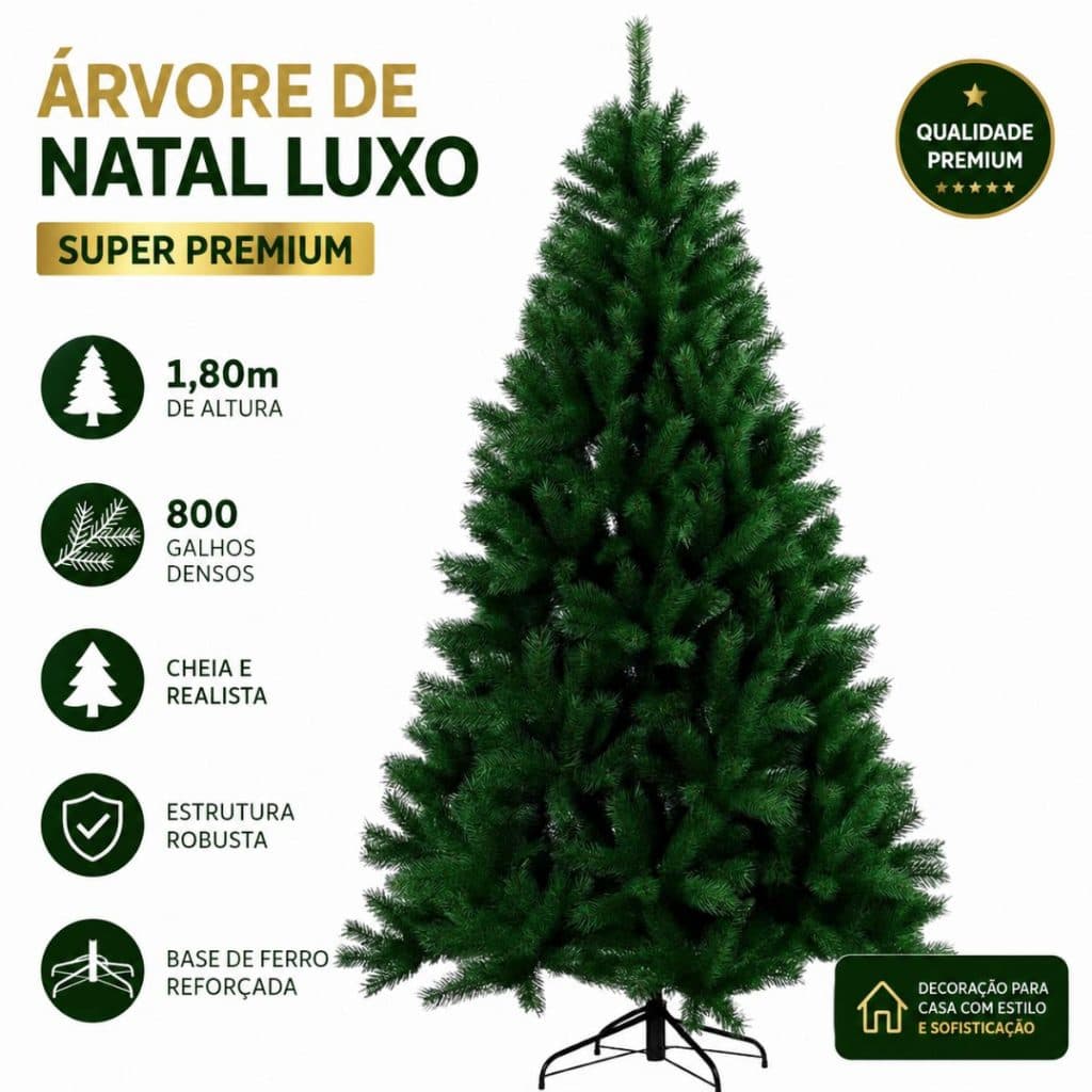 Árvore de Natal 1,80m Luxo Super Premium 800 Galhos Cheia Realista Base Ferro