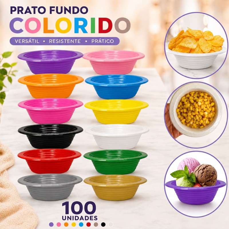 Prato Descartável Pote Fundo Cumbuca 100 Unidades Petiscos Festas Sorvetes Açaí Branco Rosa Vermelho Lilas Amarelo Azul