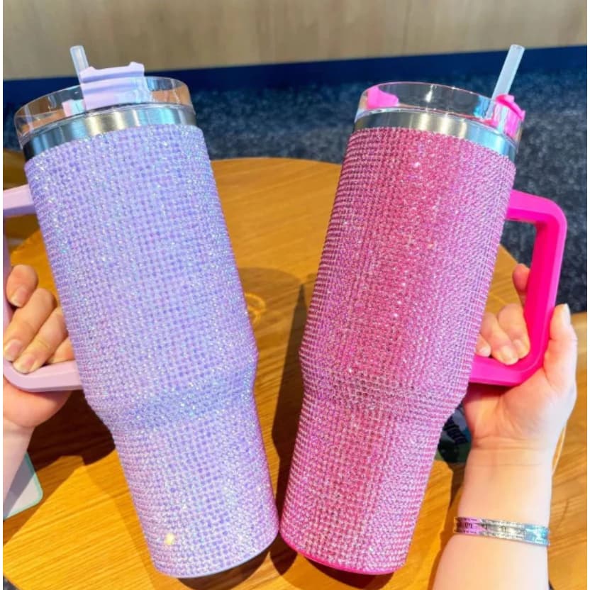 Novidade! Térmico 1200ml Copo Com Strass Brilhante Com Alça Tampa E Canudo de metal