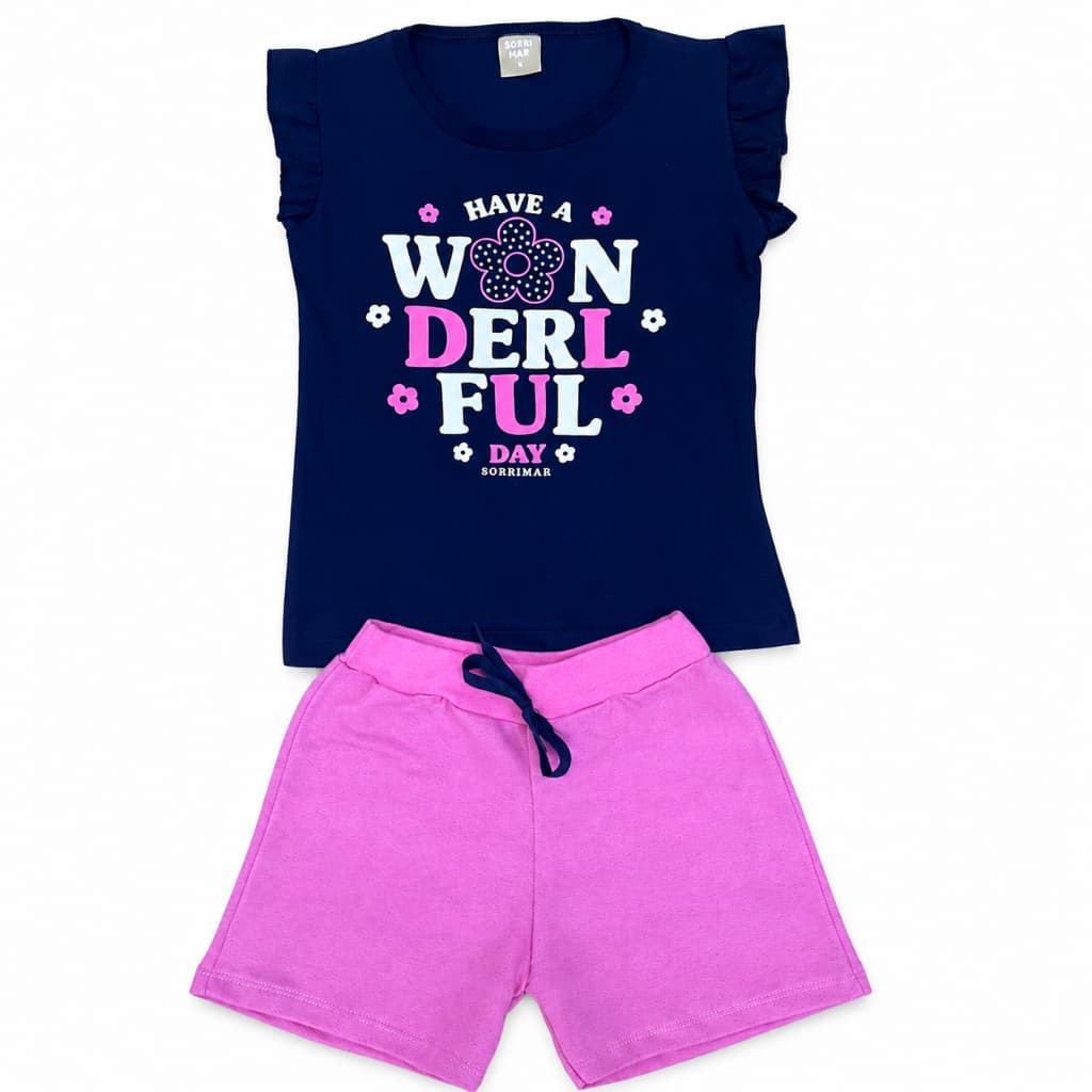Conjunto Feminino Infantil Blusa Manga Babado com Strass e Short Moda Menina Tamanhos 4, 6 e 8