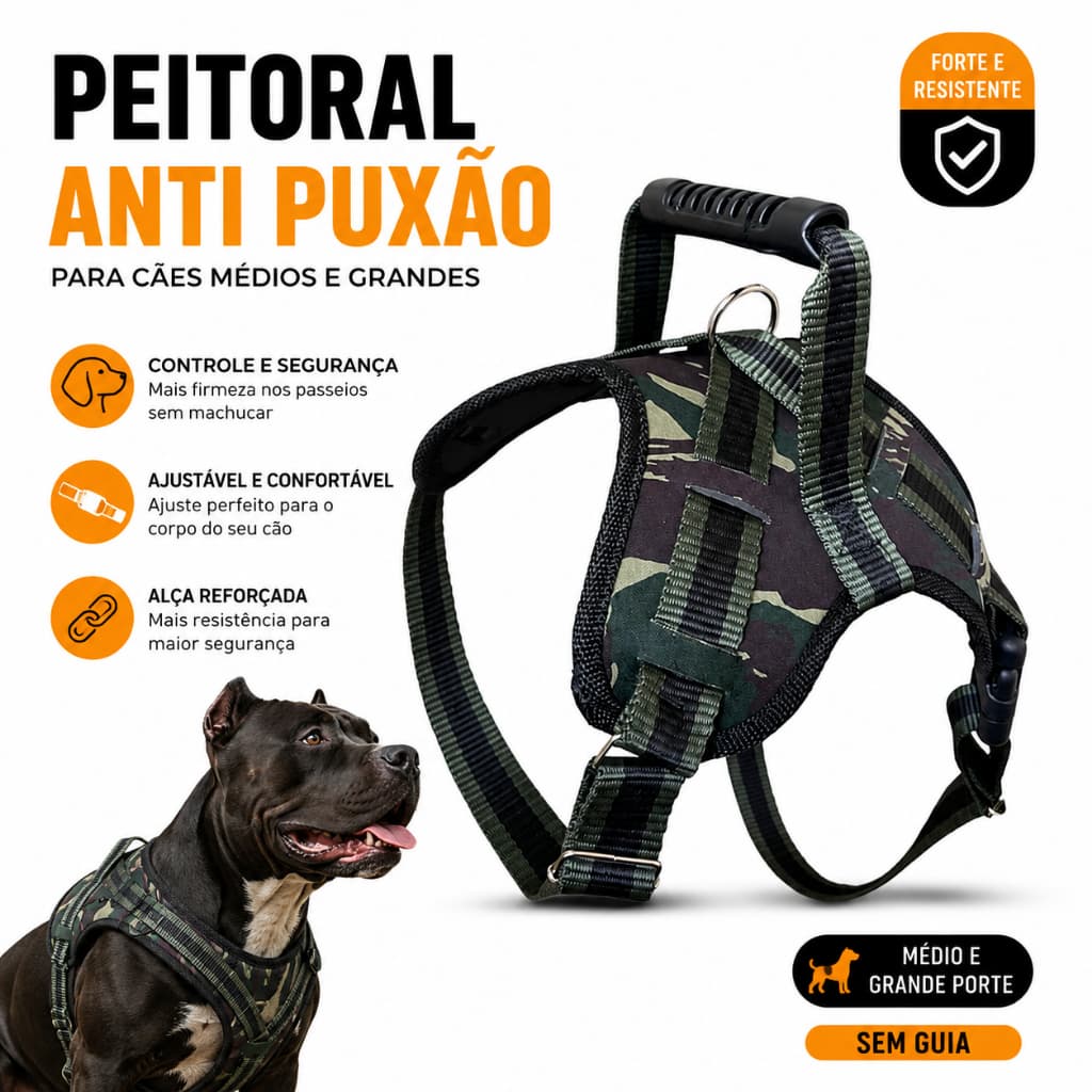 Peitoral para Cachorro Anti Puxão Reforçado Ajustável Cães Médio e Grande Porte Pitbull Doberman - Sem Guia