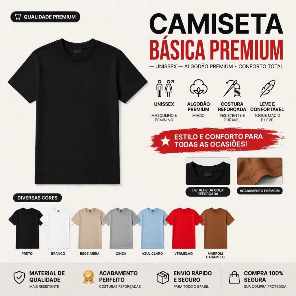 Camisa Camiseta 100% Algodão Masculina Básica Feminina Lisa Unissex Preta Azul Cinza Bege Branca Marrom Vermelha