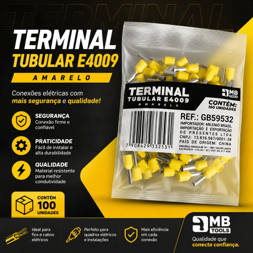 Terminal Elétrico Ilhós Tubular  E4009 4mm 100, 200 e 500 Peças