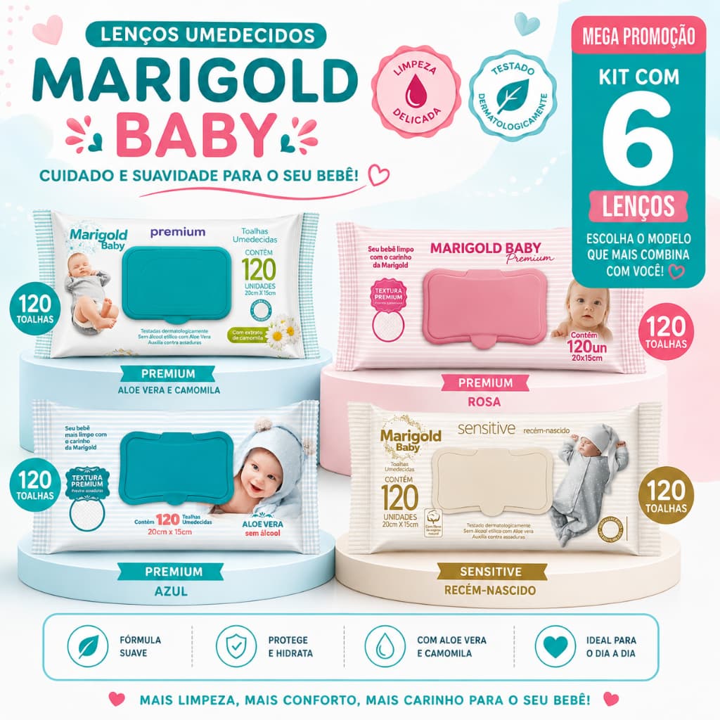 Kit 6 Lenços Umedecidos Marigold Baby 720 Unidades - Camomila Rosa Azul Ou RN - Atacado Tampa Flip Top
