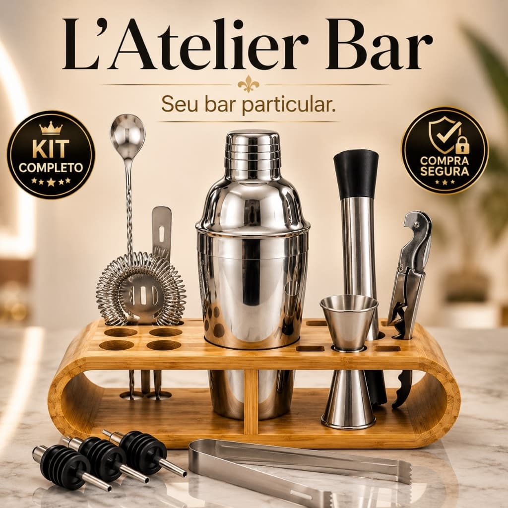 Kit Bartender Completo L’Atelier Bar Coqueteleira Acessórios Suporte Bambu