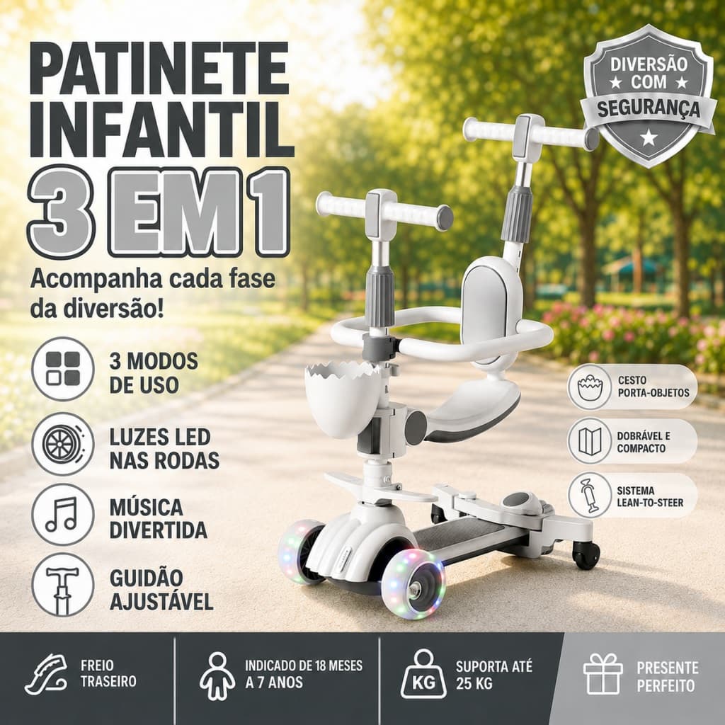Patinete Infantil  3 em 1 Com Assento Musical Cestinha 3 Rodas Guidão Ajustável Dobrável - Cinza