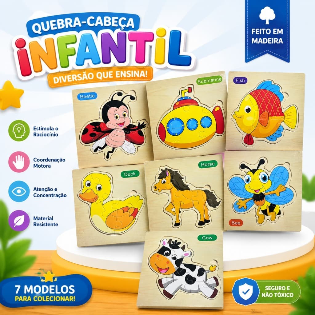 Kit 5 Quebra-Cabeça 3D Animais em Madeira 15x15cm Educativo Infantil