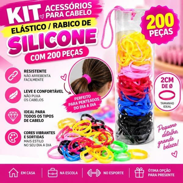Kit 200 Elásticos de Cabelo Silicone Coloridos Rabicó Xuxinha 2cm para Penteados