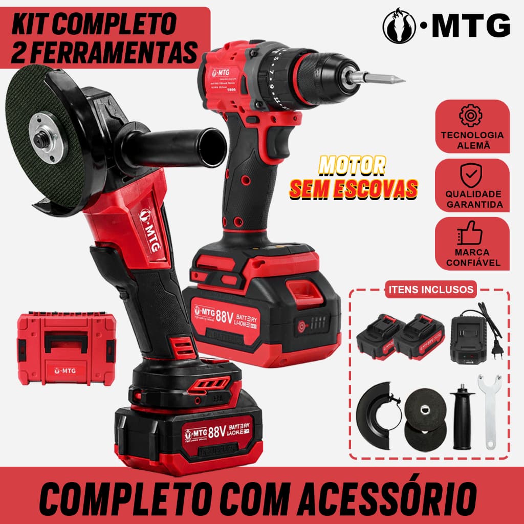 Kit 2 em 1 88V MTG Furadeira Parafusadeira + Esmerilhadeira Sem Fio, 2 Baterias, Carregador e Maleta