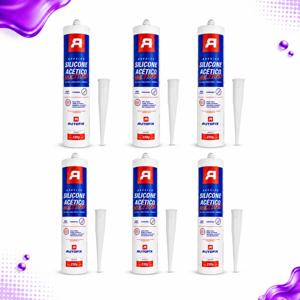 6 Unidades Silicone Acético Multiuso Autofix 230g Incolor Antifungo Cola Vedação Box Banheiro Vidro