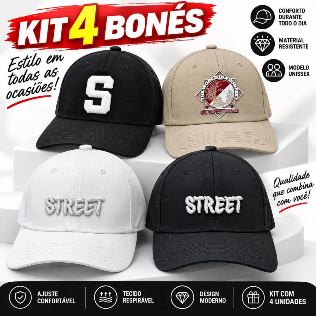 Kit 4 Bonés Dad Hat Aba Curva Estampados Masculino Feminino Ajustável Estilo Americano Casual