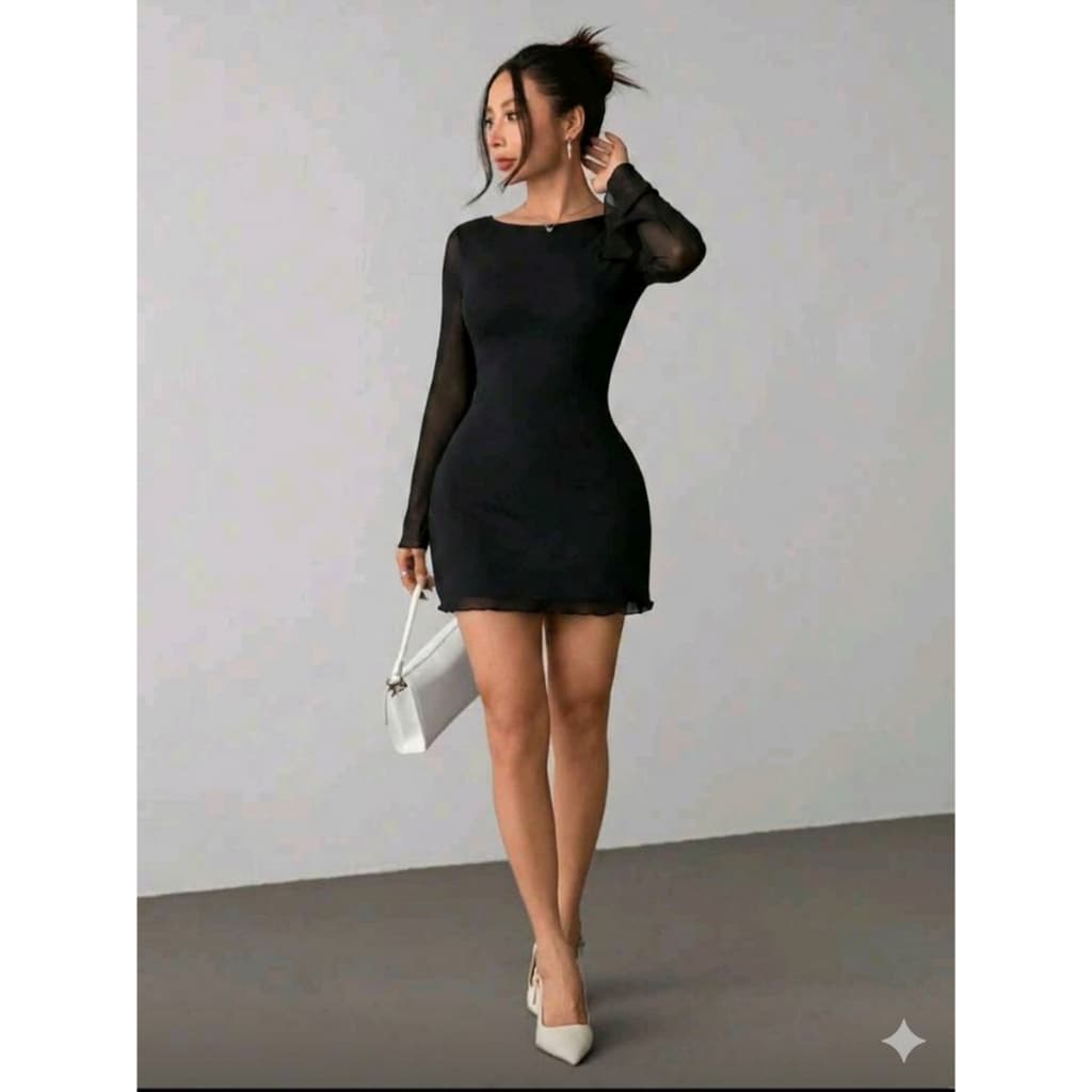 Vestido Curto Femenino De Tule Com Mangas Tipo Flare Costa Aberta Tipo Nua