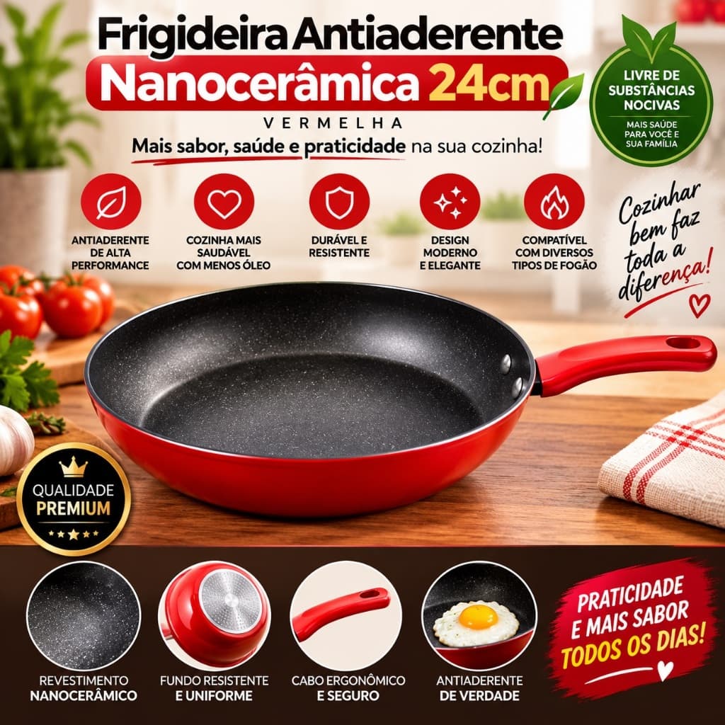 Frigideira Antiaderente Nanocerâmica 24cm Vermelha Durável para Cozinha Preparo Saudável e Fácil
