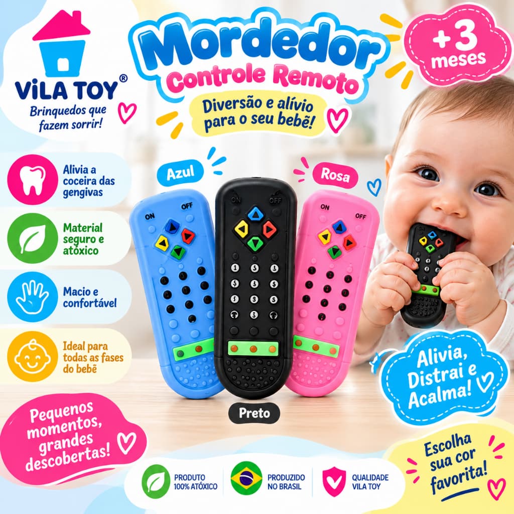 Mordedor Bebê Formato Controle Remoto Vila Toy Silicone Macio Texturizado Alívio Gengiva Seguro BPA Free Divertido 3+ M
