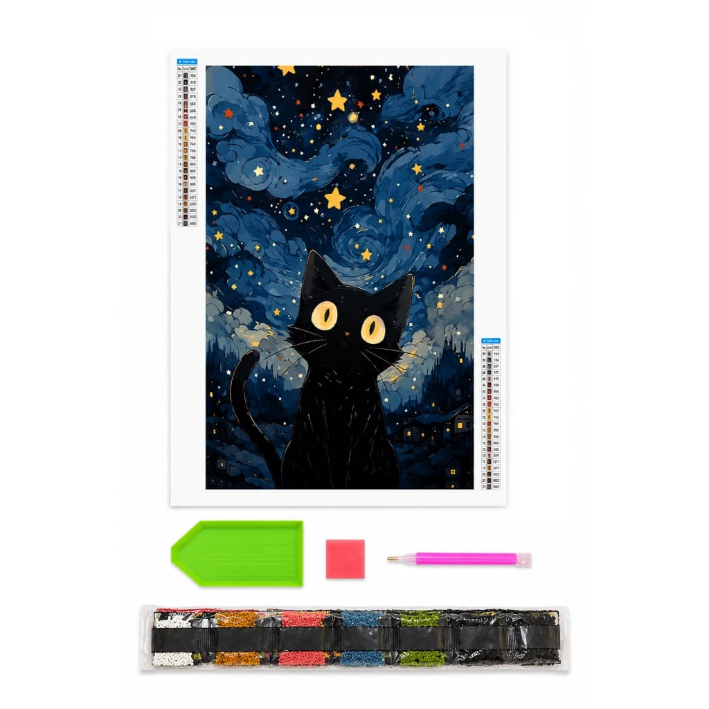Kit Completo pintura com Diamantes 5D Gatinho preto noite estrelada 20x30cm DIY