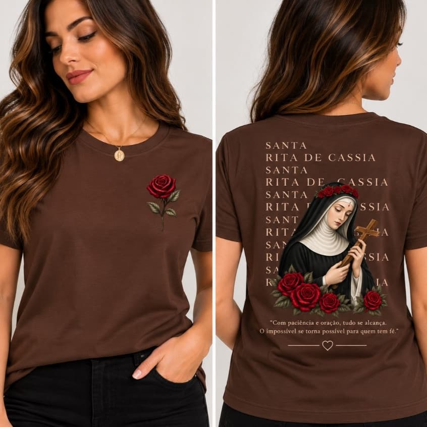 Camiseta Feminina Masculina Cristã Petalas De Rosas Santa Rita De Cassia Religiosa Catolica Cristã 100% Algodão Unissex