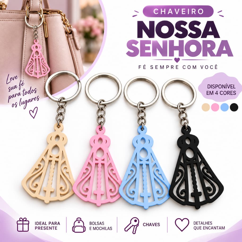 Chaveiro Nossa Senhora Aparecida Vazado Decorativo Católico Fé Proteção Azul Rosa Preto Bege