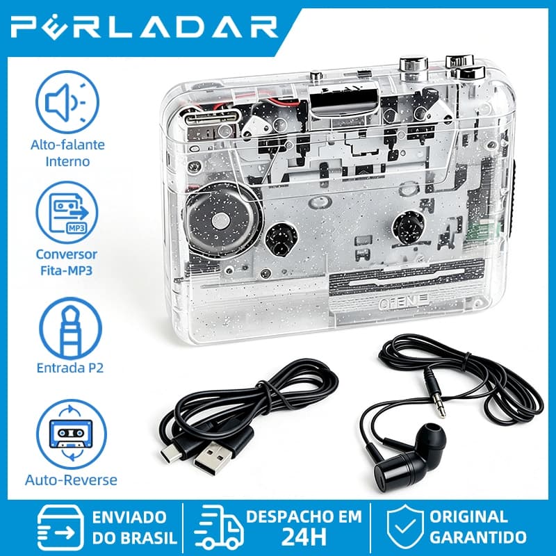 Reprodutor de Fita K7 Reversão Automática Converte para MP3 Alto‑falante Integrado Entradas Type‑C e P2 Walkman Retrô