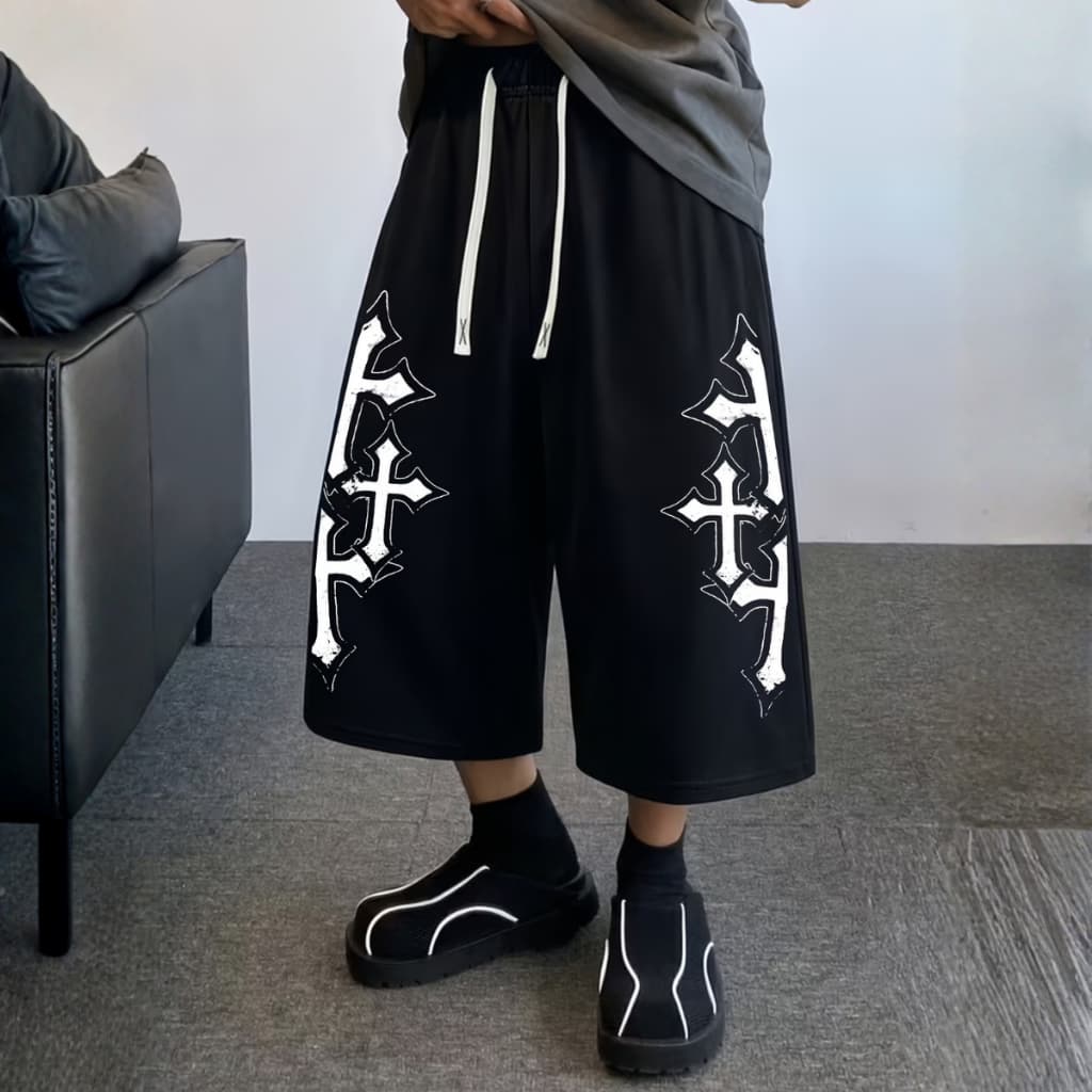 Short Baggy Estampado Masculino Cintura Elástica Modelagem Larga Cruzes Flanelado
