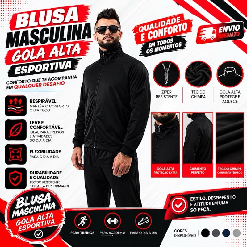 Jaqueta Blusa Gola Alta Esportiva Masculina – Tecido Chimpa | Conforto e Estilo para o Dia a Dia