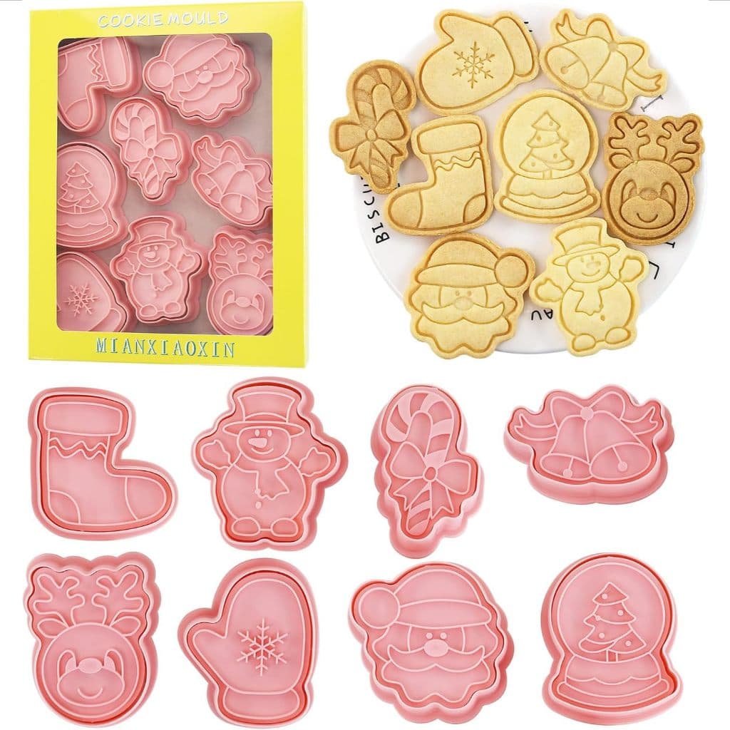 Kit 8 Cortadores e Carimbos de Biscoito de Natal, Moldes para Cookies, Massas, Pasta Americana e Confeitaria