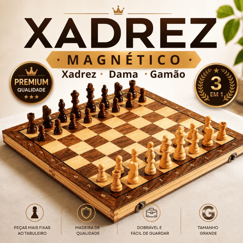 Jogo Xadrez Dama Gamão 3 em 1 Magnético Tabuleiro Madeira Dobrável 39x39cm