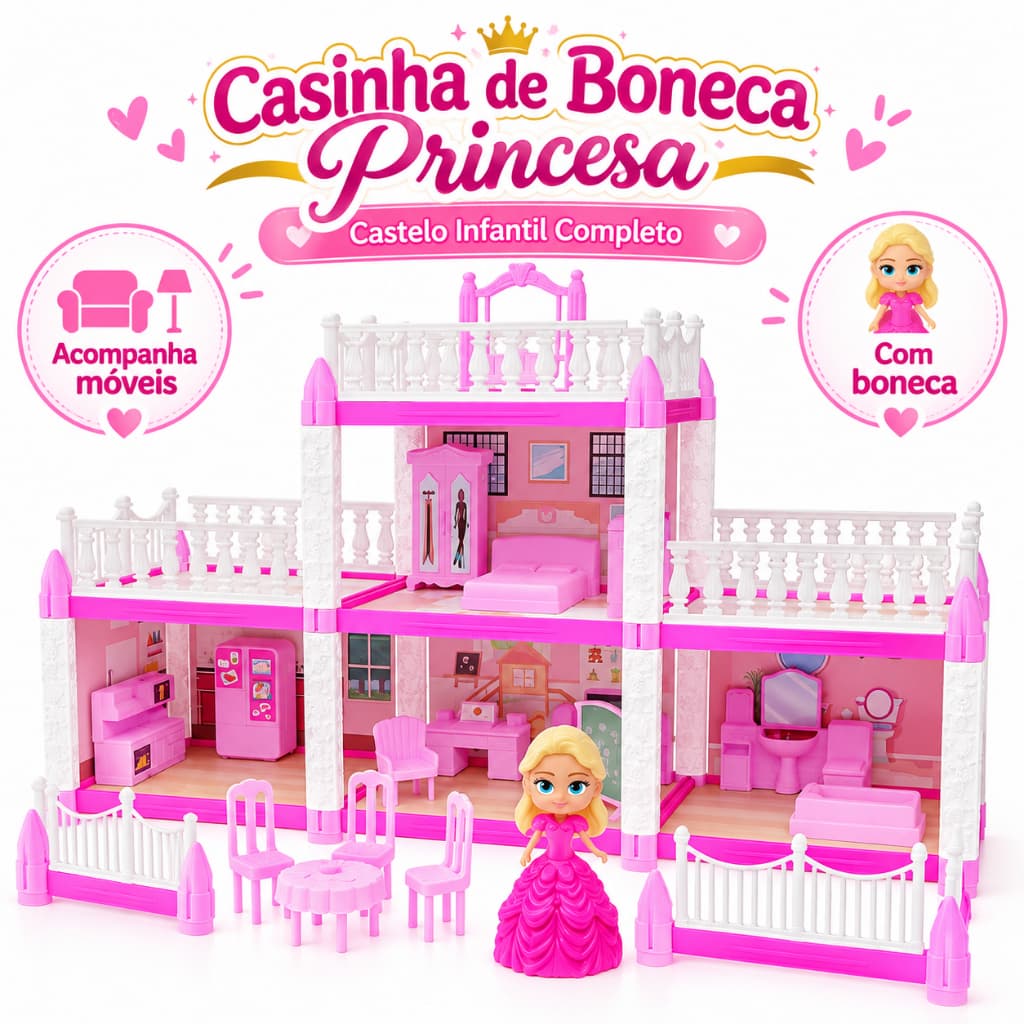 Casinha de Boneca Princesa Castelo Infantil com Móveis e Boneca
