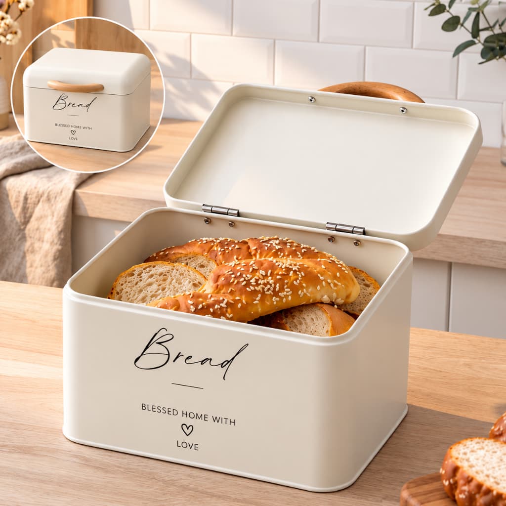 Porta Pão De Metal Bege Organizador Pães  Bolo Quadrado Com Alça Em Bambu Com Tampa Envio Imediato