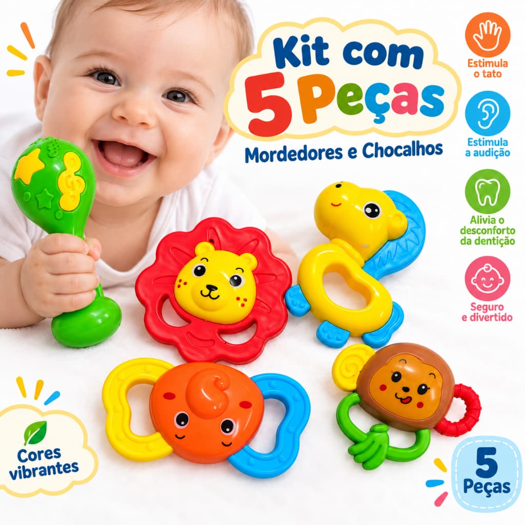 Kit 5 Mordedores e Chocalhos para Bebê Brinquedos Sensoriais para Dentição