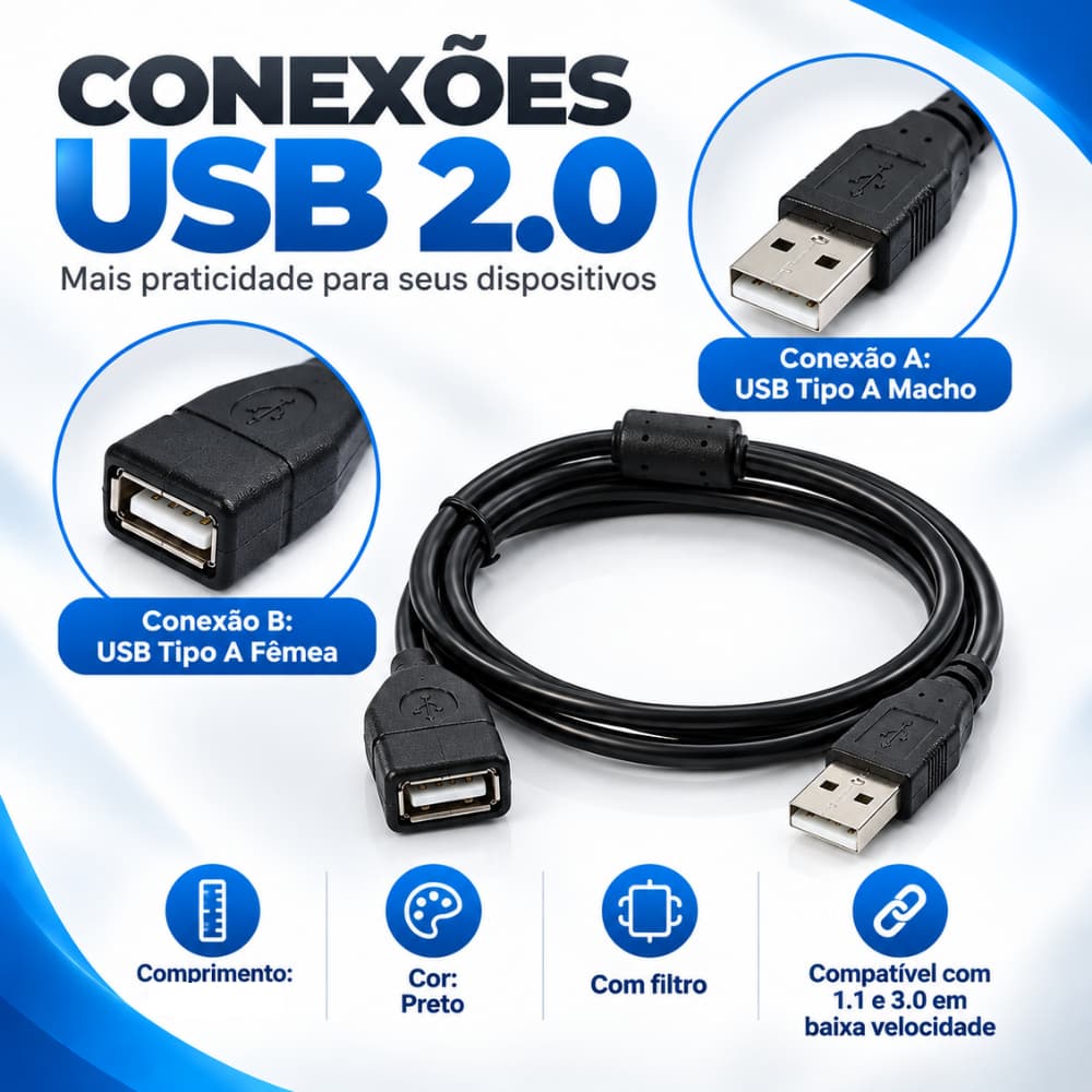 EXTENSÃO 2.0 USB 1,5M / 3M / 5M / 10M