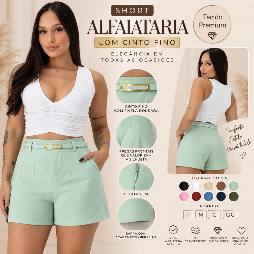 Short Alfaitaria Feminino Social Com Ziper Cinto Fino Moda Social