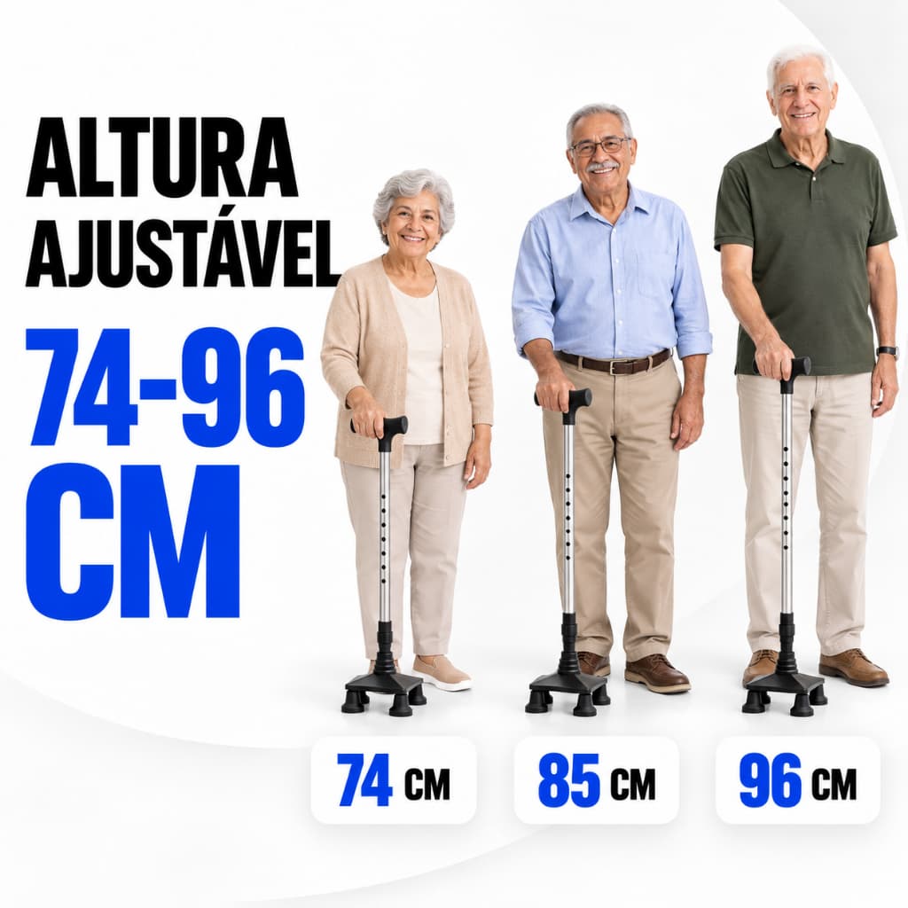 Bengala Ortopédica 4 Apoios Aço Inox Base Flexível Ajustável