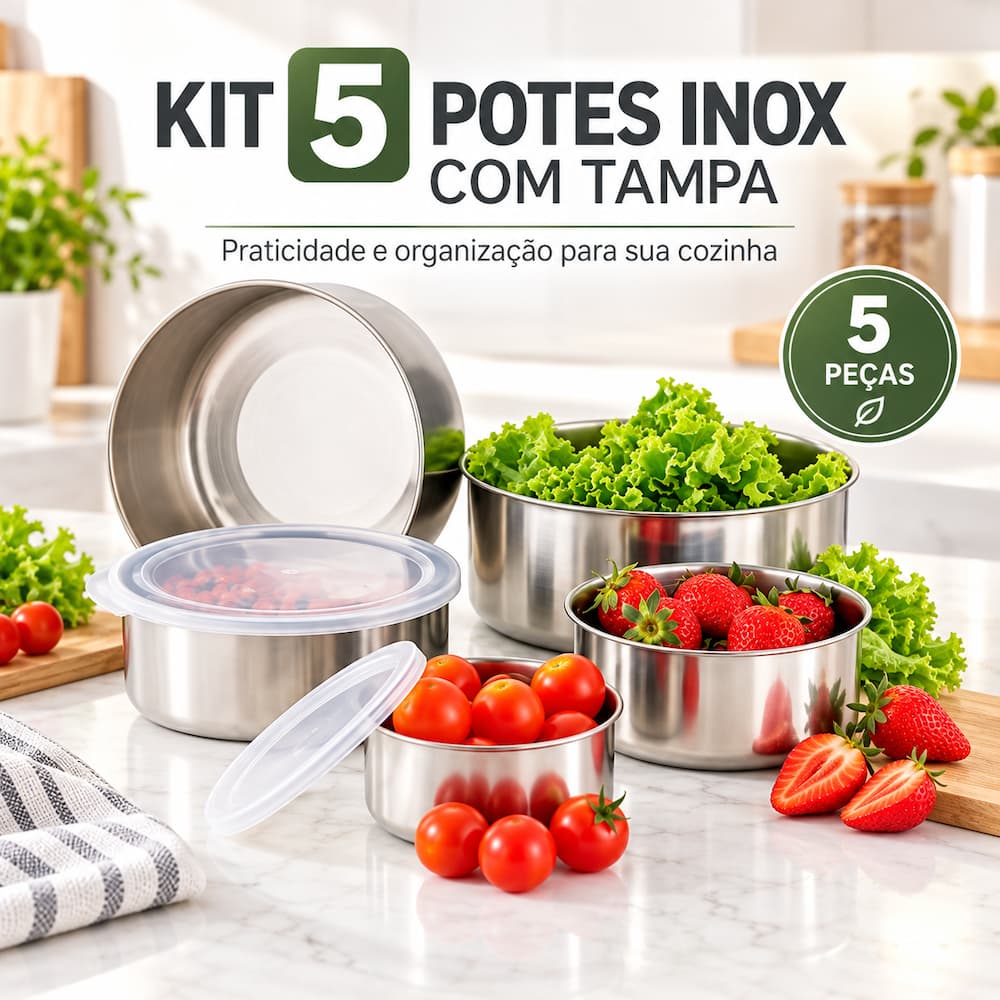 Kit 5 Potes Tigelas Inox com Tampa Hermética para Cozinha Resistente Fácil de Limpar - 310ml a 1,5L