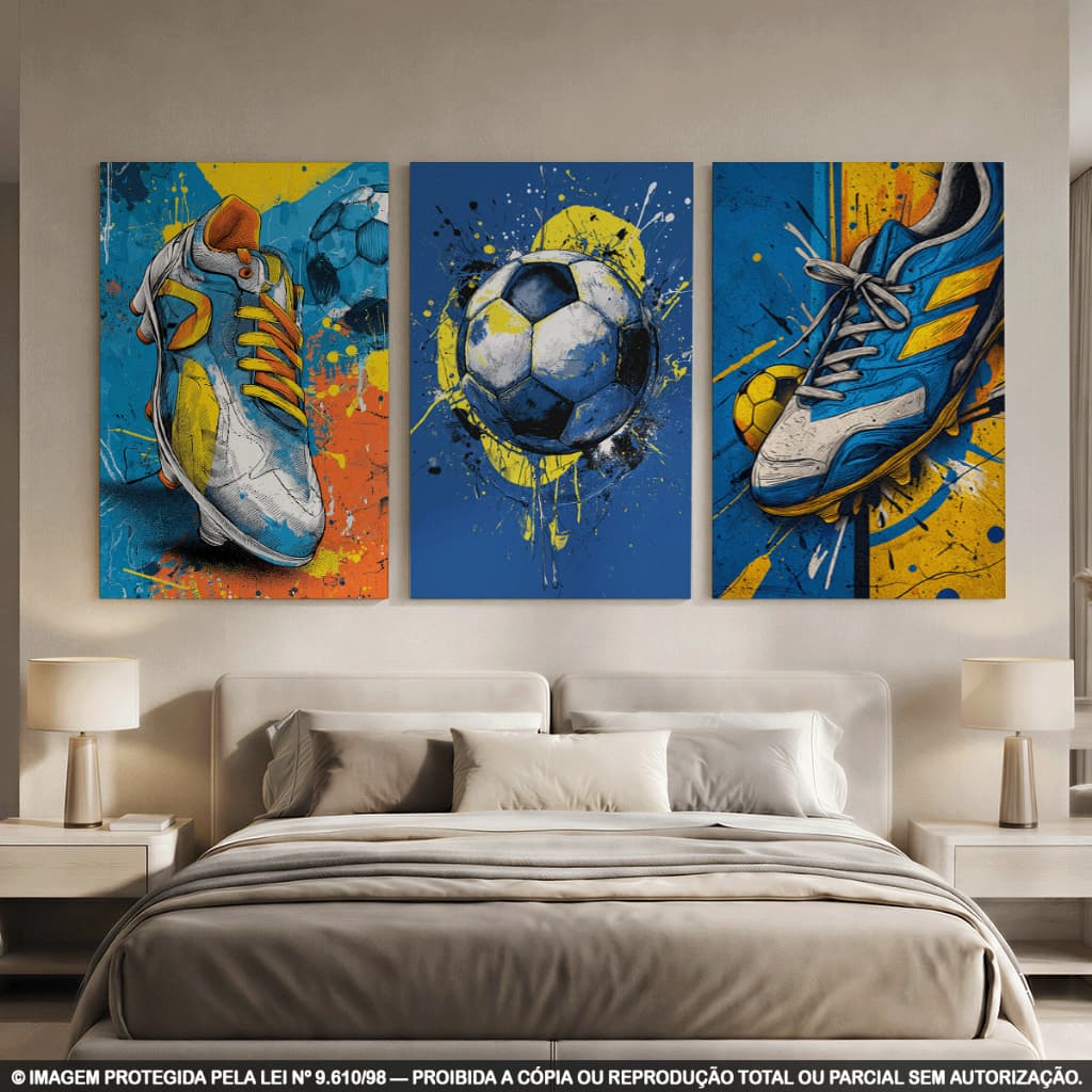 Kit 3 Quadros Decorativos Futebol | Chuteiras e Bola | Arte Esportiva Azul e Amarela para Quarto em MDF 3mm