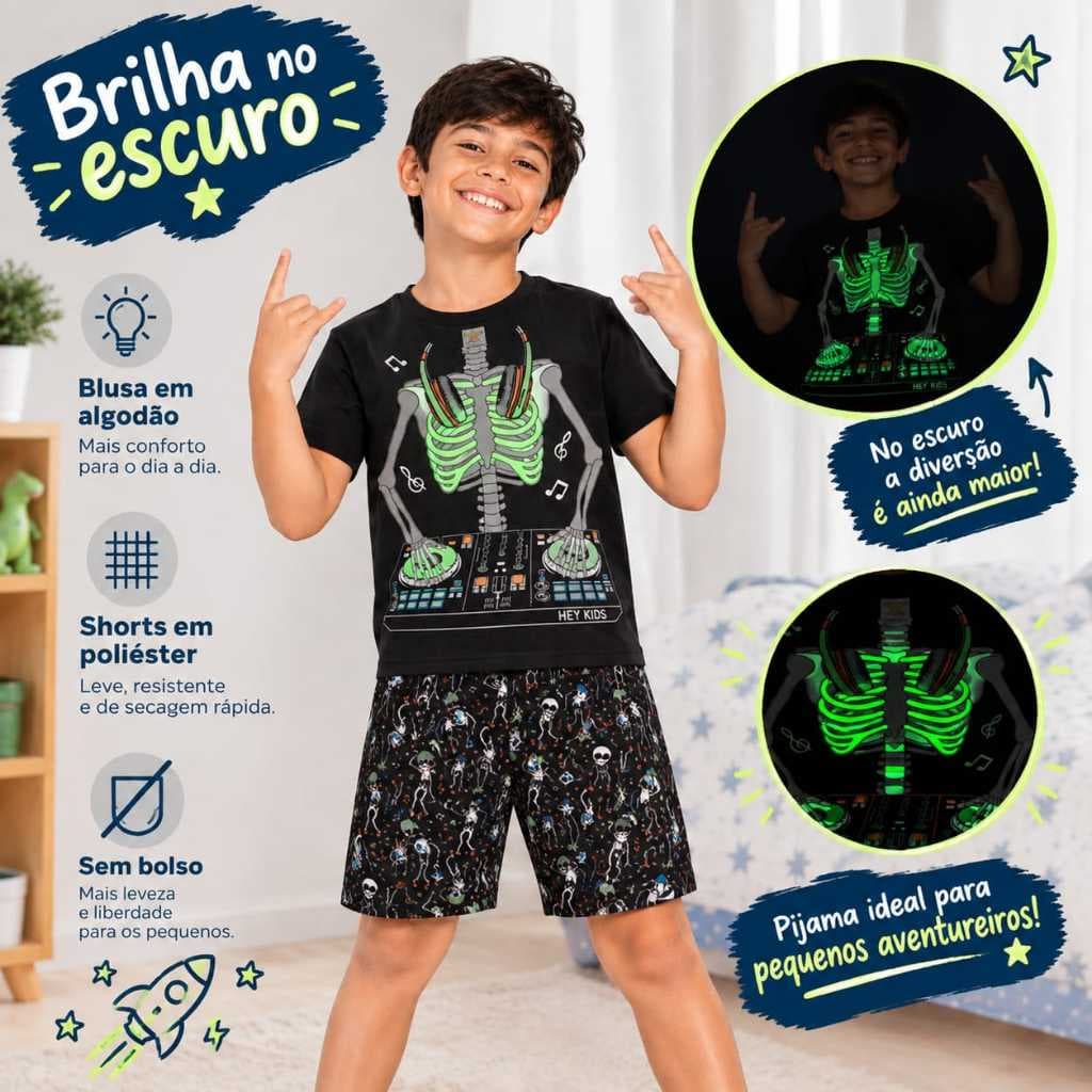 Conjunto pijama infantil verão tema esqueletos, morcegos tamanhos 1 ao 8 shorts + blusa manga curta confortavel