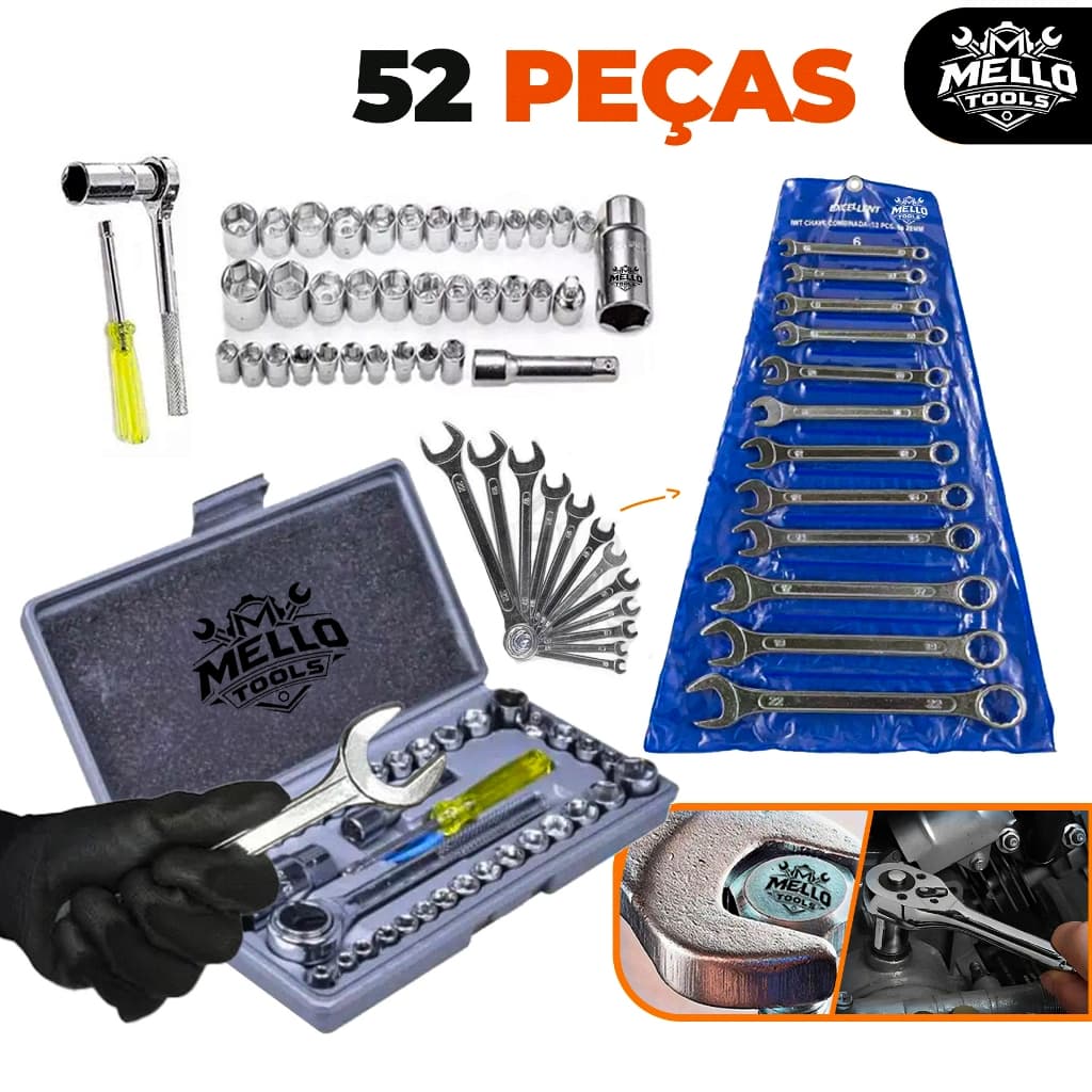 Kit Jogo de Ferramentas 52 Peças com Catraca e Chaves Combinadas – Kit Completo Profissional Mello Tools