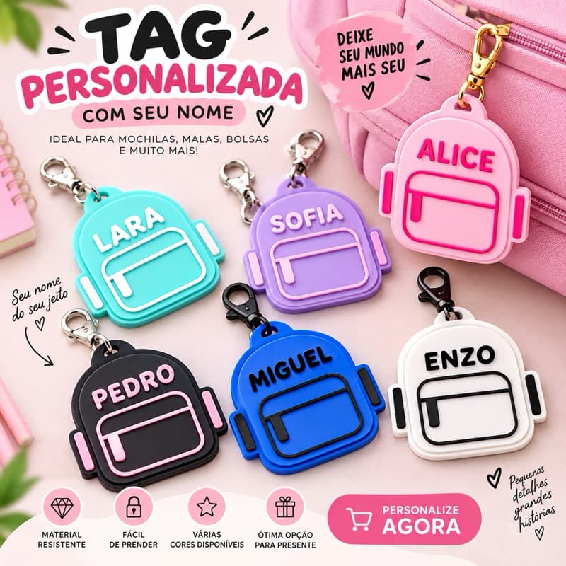 Tag de Mochila Personalizada com Nome | Identificador de Mala e Mochila Chaveiro Personalizado
