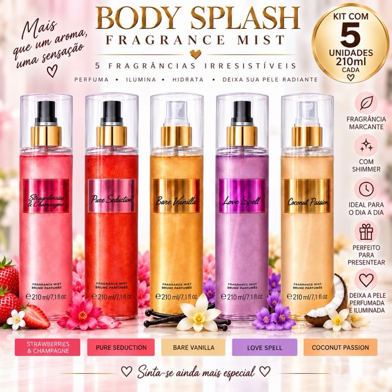 Kit 5 Body Splash Shimmer 200ml Feminino Perfumado com Brilho – Fragrâncias Variadas