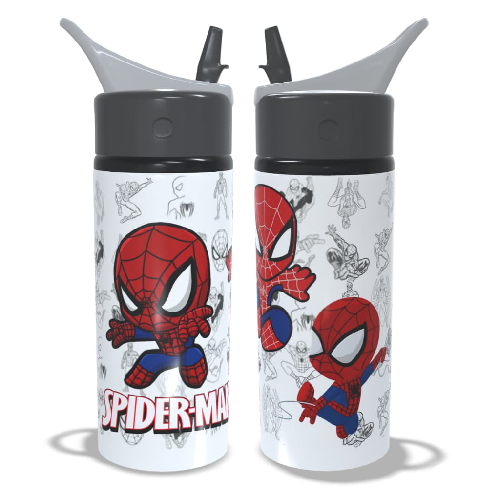 Garrafa Infantil de Alumínio Homem Aranha 600ml Com Bico e Canudo