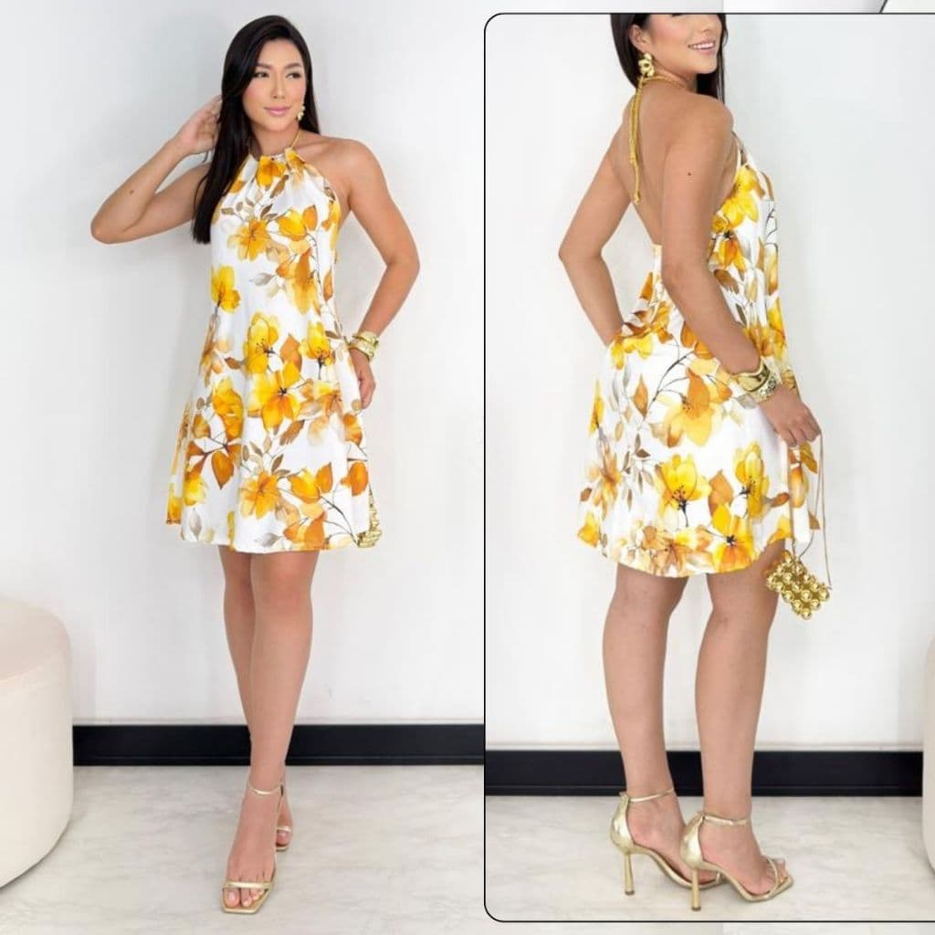 Vestido Feminino Soltinho Malha Fluity Premium Amarração Pescoço Com Bojo Moda Leve Fresquinho Estampadinho
